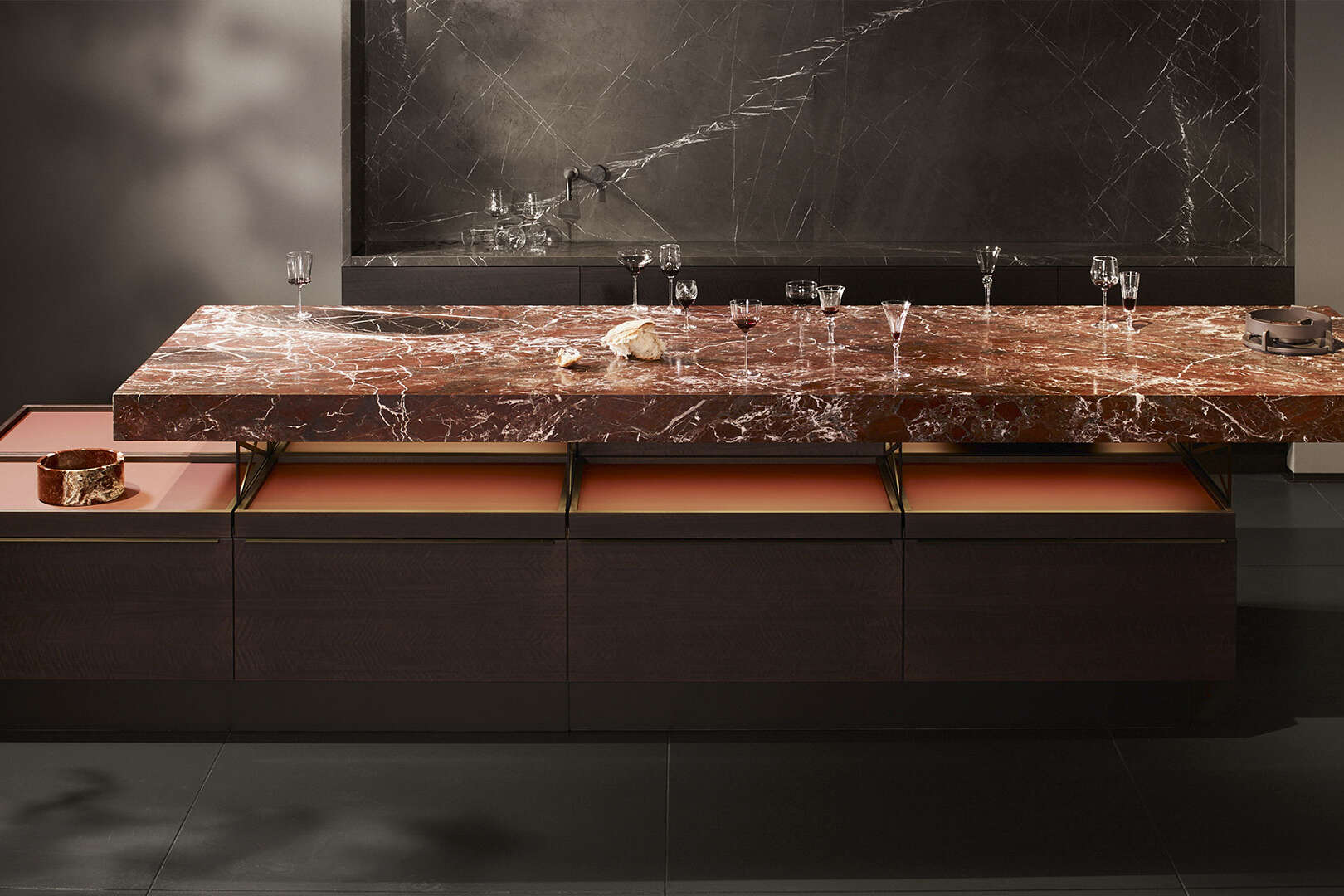 Poggenpohl Modo Range Luxury Modern Kitchen Design Marble Worktop with Glasswear placed on top