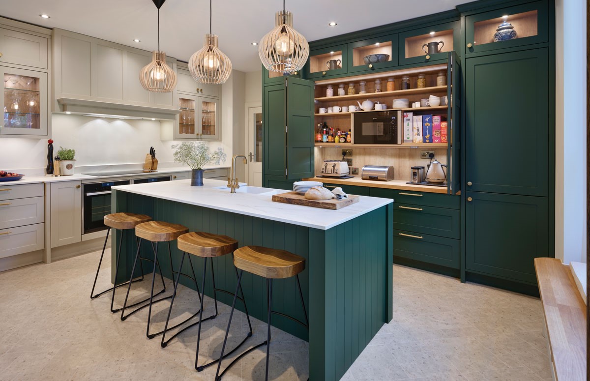Green Callerton floor to ceiling cabinet doors from Kitchens by JS Geddes