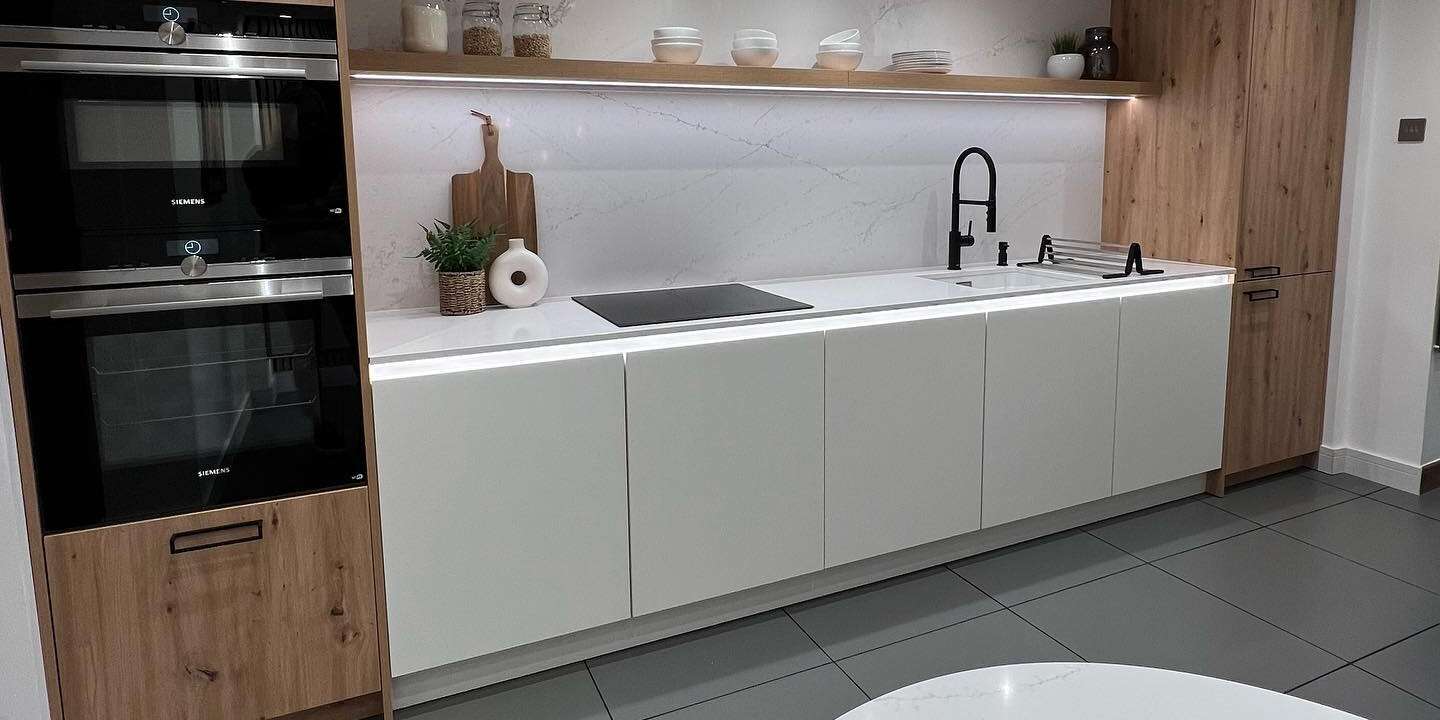 Kitchens by J S Geddes install new galley kitchen display in their kitchen showroom in Kilmarnock. Designing and installing kitchens throughout Scotland. For more information please contact 01563 530838 or alternatively sales@jsgeddes.com