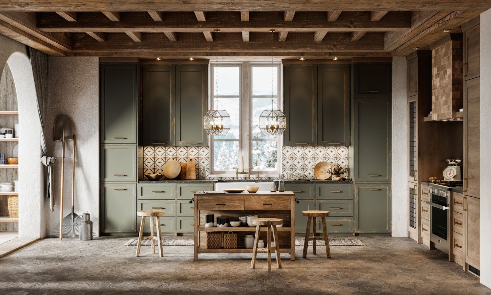 Rustic-style kitchen with olive green cabinets, wood accents, patterned backsplash, and a central island with stools.