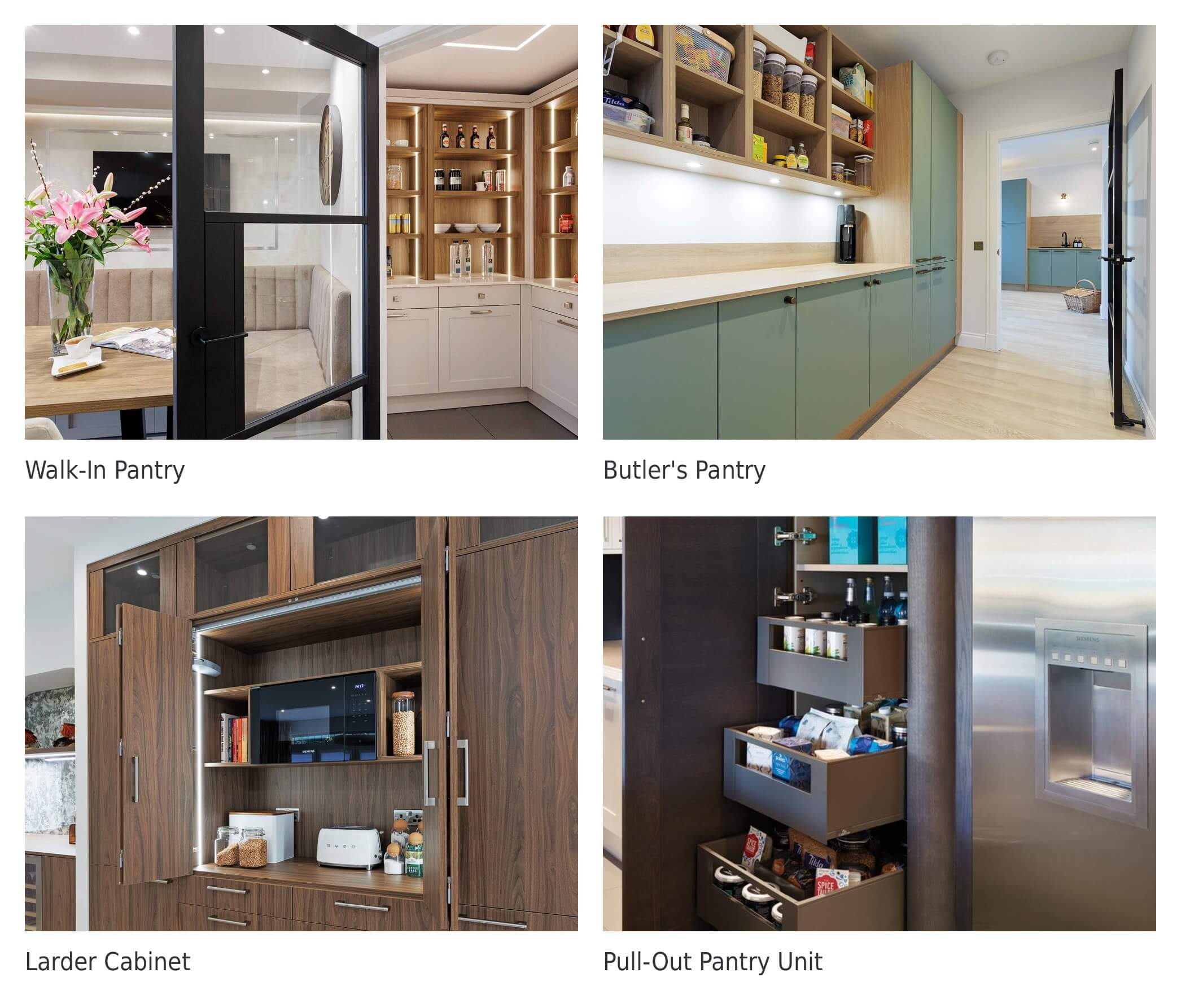 A four-part comparison image, showing a walk-in pantry, a butler’s pantry, a larder cabinet, and a pull-out unit.